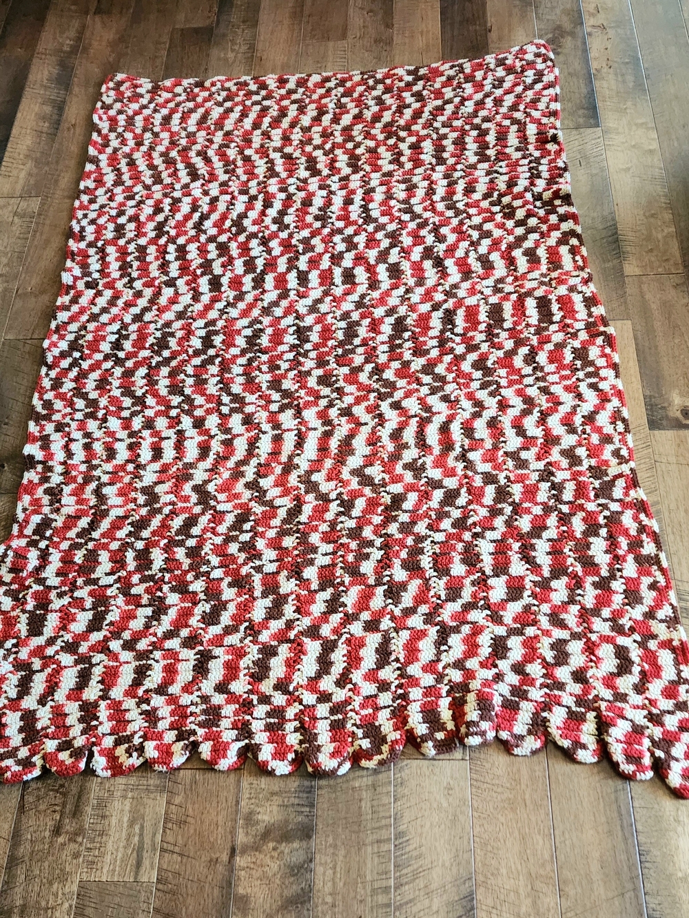 Handmade Crochet Throw in Red, Brown & Cream Scalloped Edge 6x4ft Aphgan